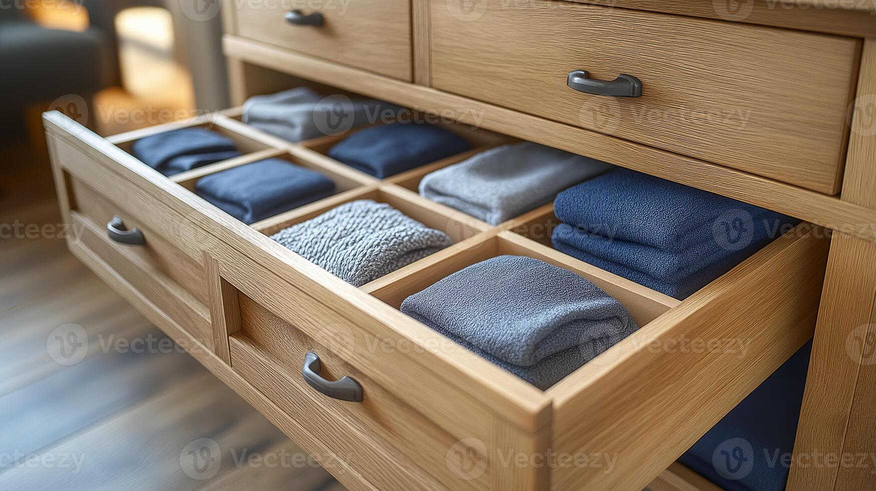 Neatly arranged drawer shows towels and clothing, highlighting proper organization and storage. photo