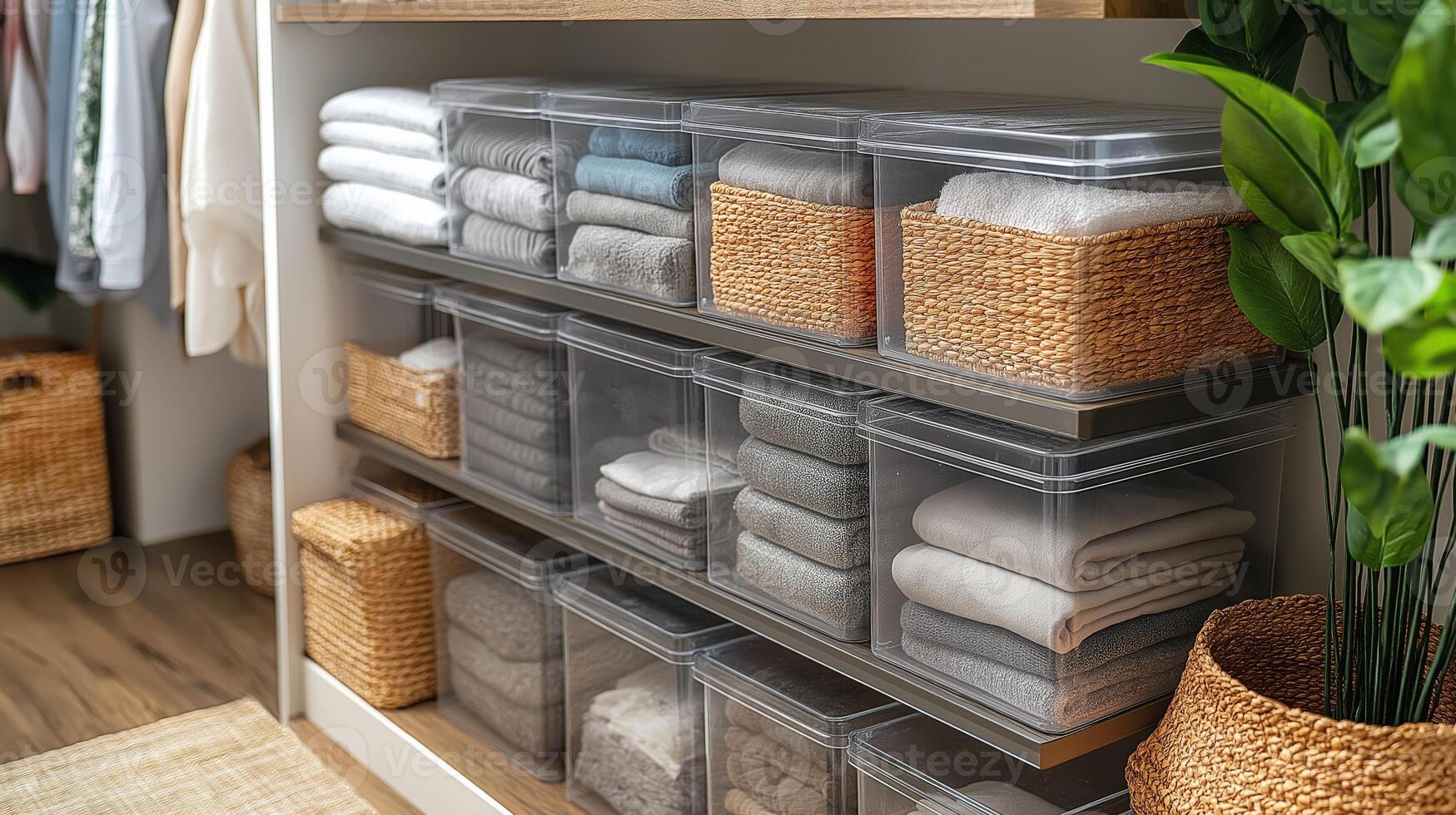 Neatly arranged towels and linens in transparent bins alongside woven baskets in a stylish closet. photo