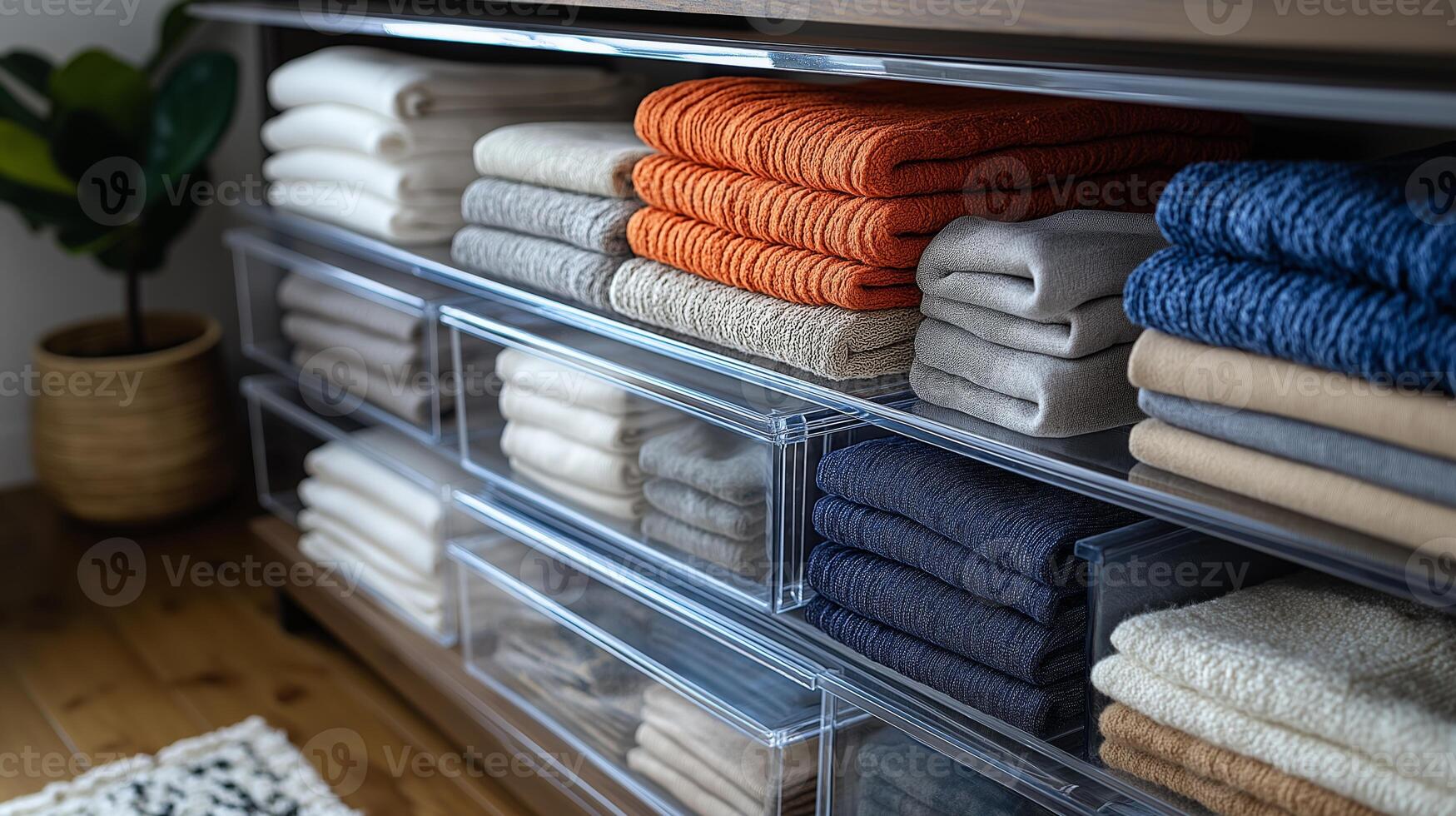 Soft and vibrant towels are arranged on shelves in a stylish home, creating a welcoming atmosphere. photo