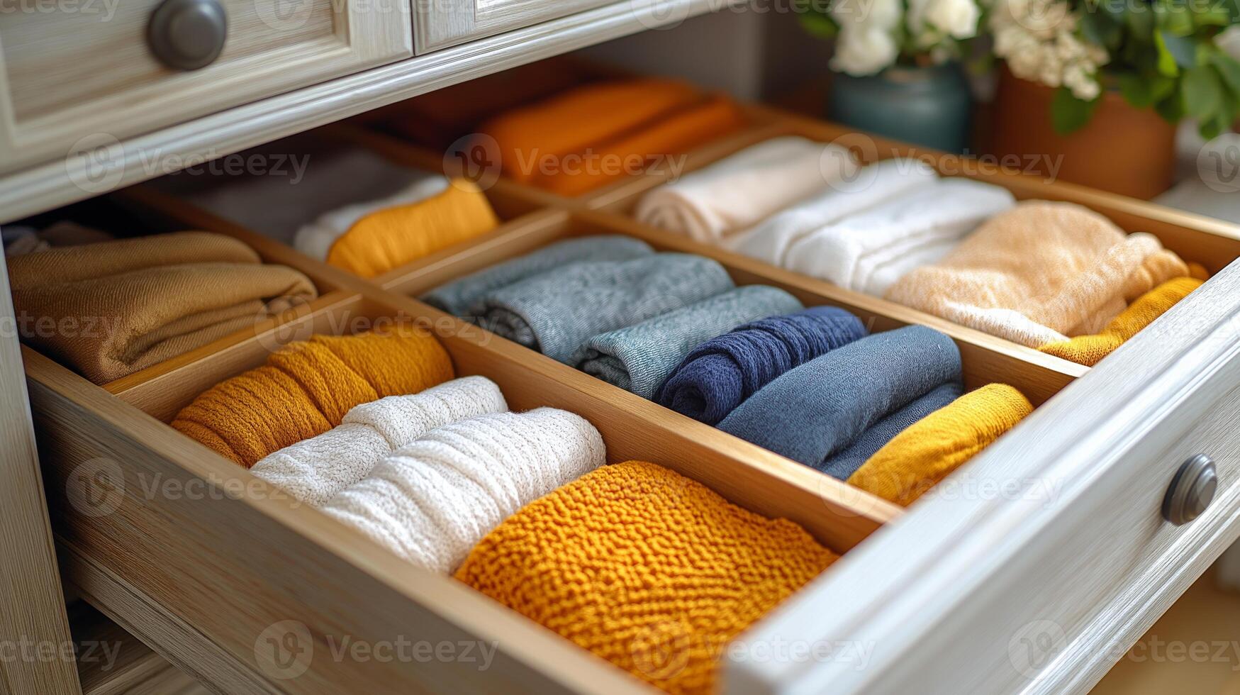 A neatly organized drawer displays a variety of folded clothes in bright colors, adding warmth. photo