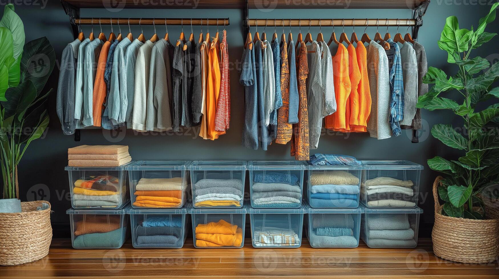 Clothes are neatly organized, creating a stylish storage solution in a cozy room. photo