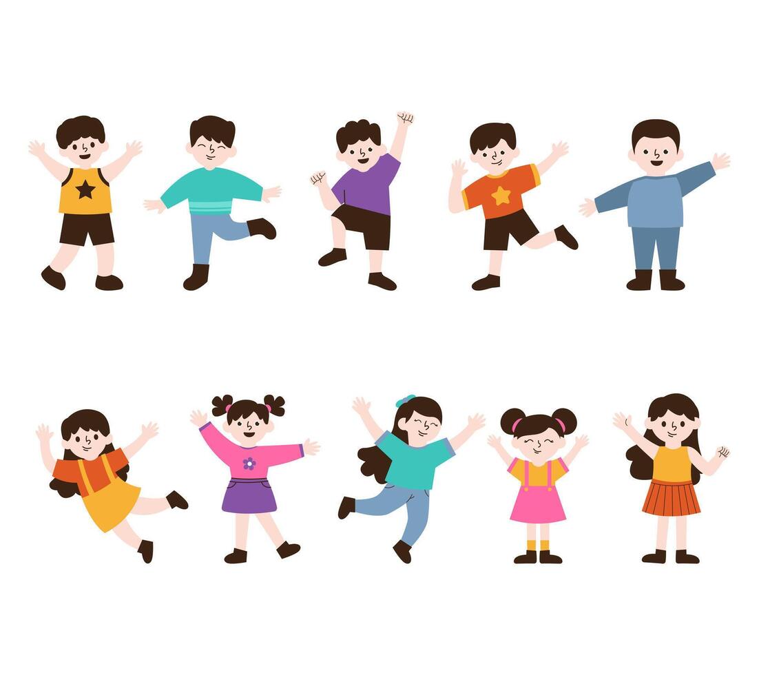 A charming set of illustrations featuring adorable children in various active poses, ideal for educational content, children products, and playful design themes. vector