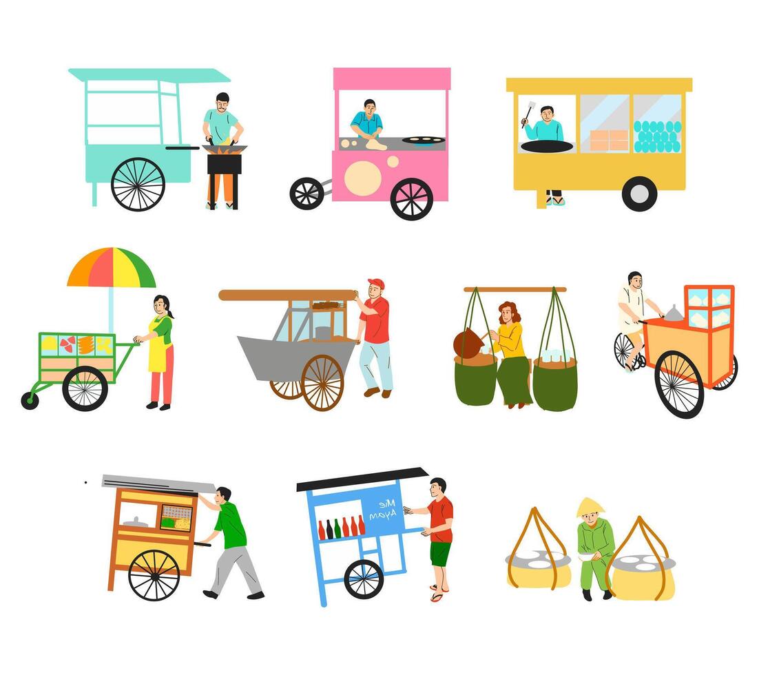 A detailed illustration set of Indonesian street food cart vendors, showcasing various traditional carts and sellers with popular local dishes. Ideal for culinary visuals, cultural themes, and food vector