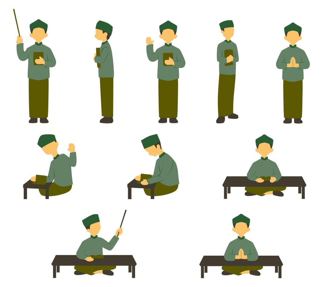 A illustration set featuring a Muslim teacher , Ustadz character in various poses, expressing teaching, guiding, and interacting gestures. Ideal for educational, religious, and Islamic themed vector