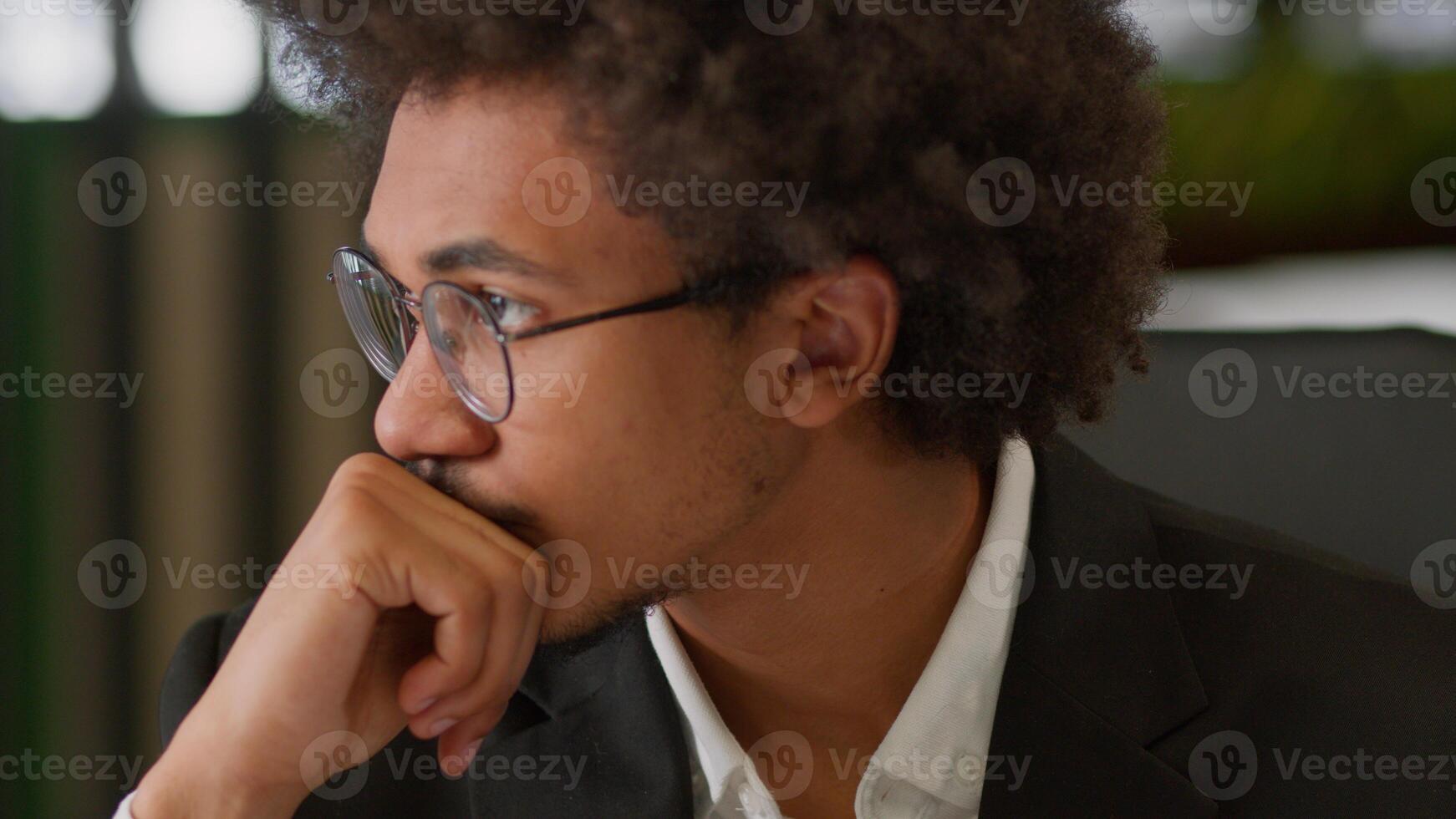 Close up male portrait pensive business man African American thinking businessman guy male employer manager working process difficulty decision looking away unsure hesitate startup creation solution photo