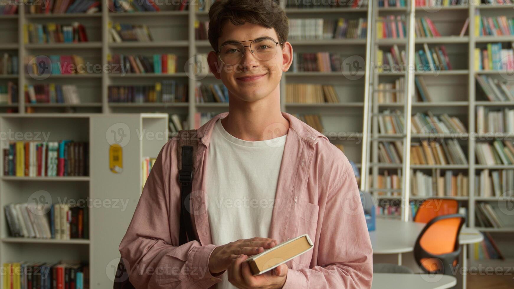 Close up male student portrait in school library guy man pupil teenager thinking pensive looking at camera smiling holding book happy smile academic knowledge education process studying in university photo