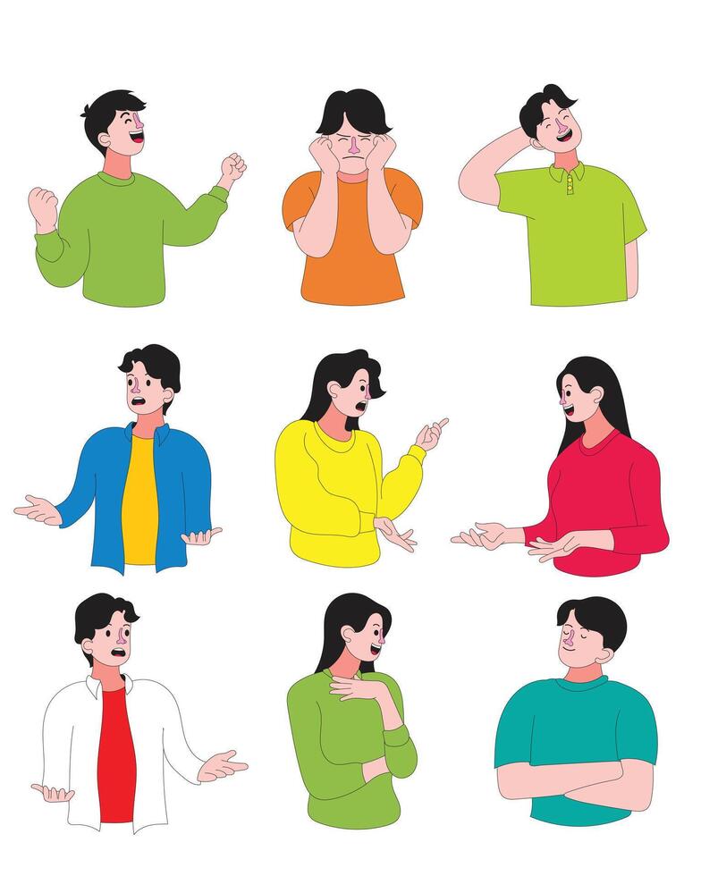 illustration of flat cartoon people showing various gestures and expressions. Ideal for communication topics, conversation scenes, presentations, and social interactions vector