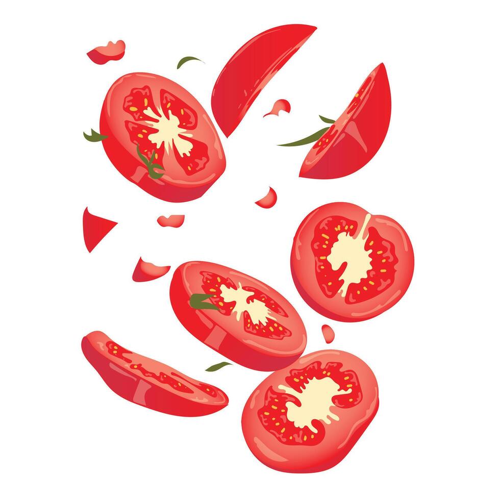 High-quality realistic of sliced fresh tomatoes on a white background. Perfect for food design, cooking ingredients, healthy eating, salad graphics, packaging, or recipe content. vector