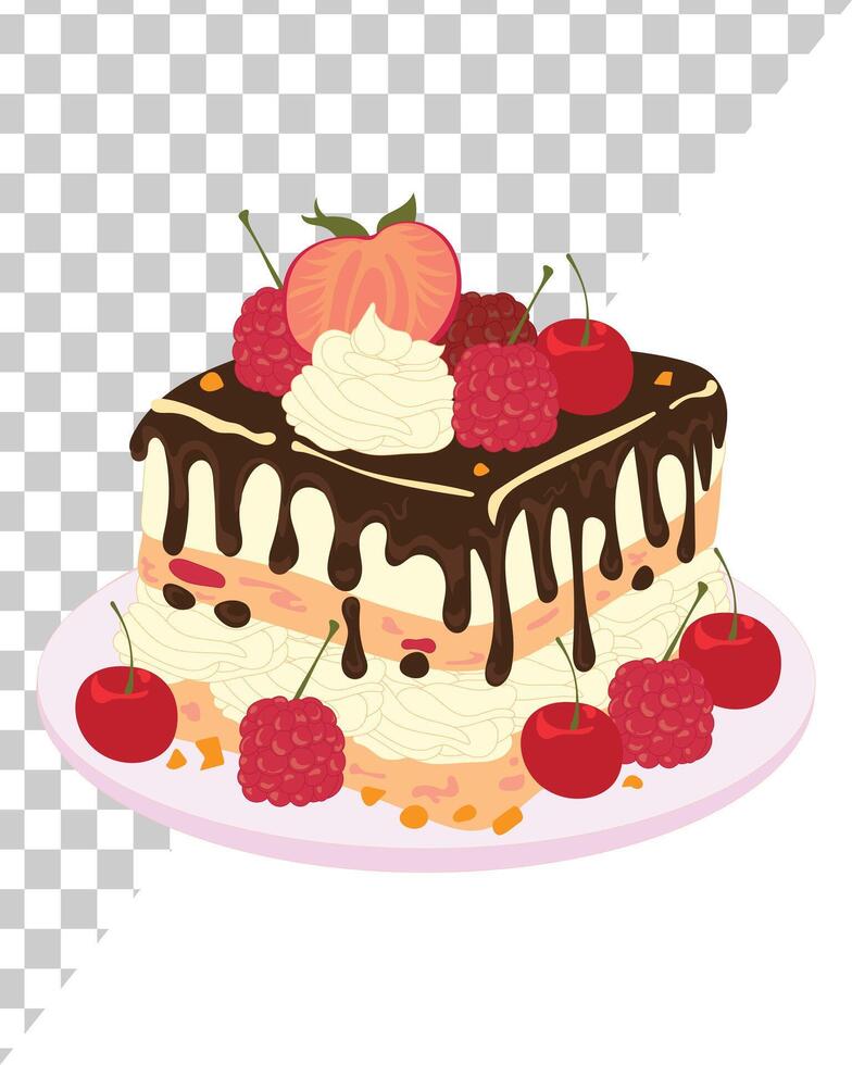 illustration of a birthday cake slice decorated with chocolate drip, whipped cream, raspberry, cherry, and peach on a pink plate. Perfect for dessert design, cards, or party graphics. vector