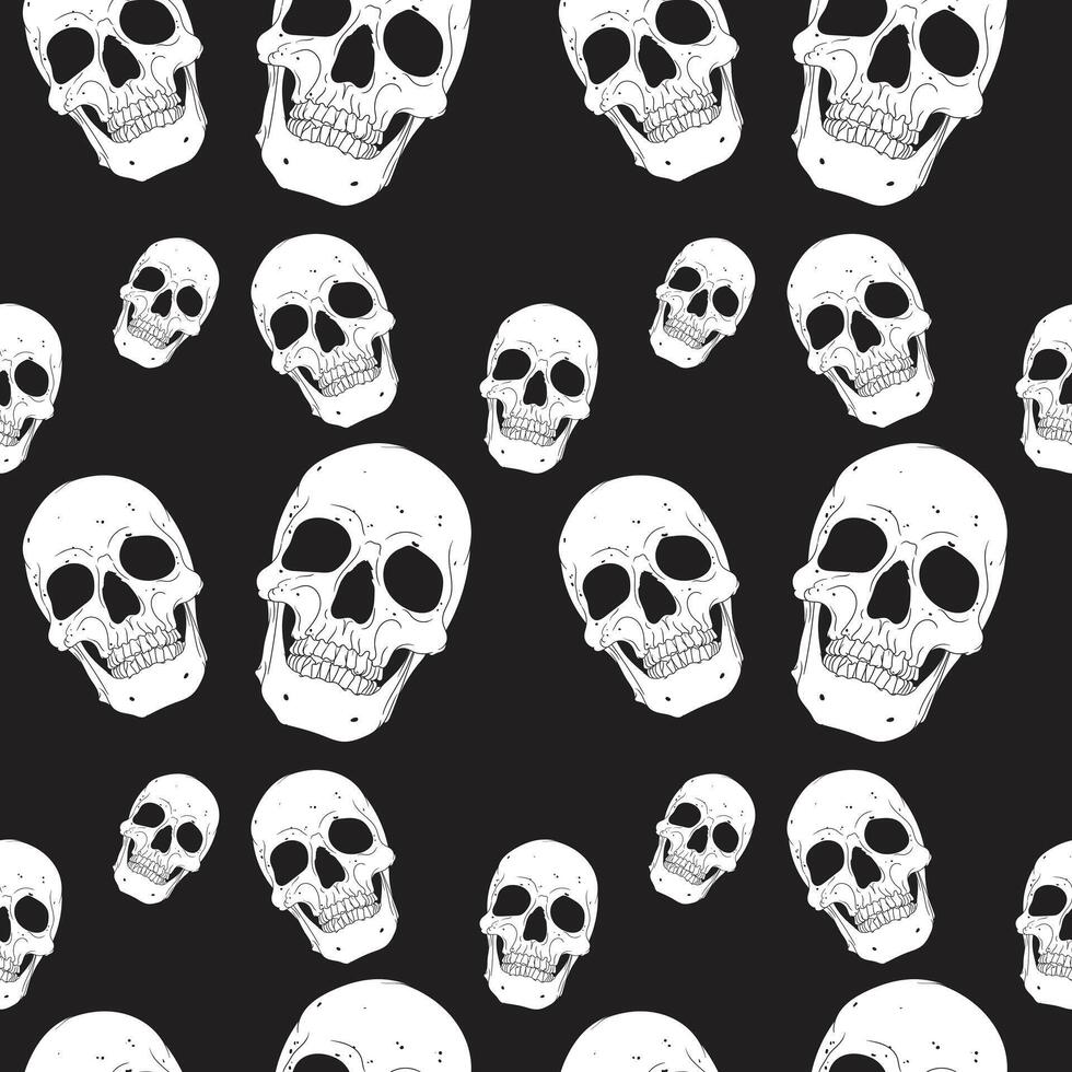 Flat seamless pattern with cartoon skulls. Perfect for Halloween, horror-themed backgrounds, packaging, fabrics, and digital design projects. Editable for creative use vector