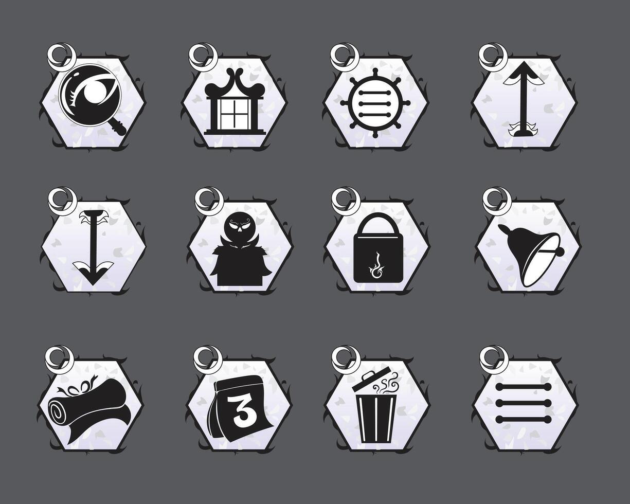 Set of 12 hexagon UI UX icons in black and white. Includes search, settings, user, upload, and more. Ideal for interface design, apps, dashboards, and minimal websites. vector