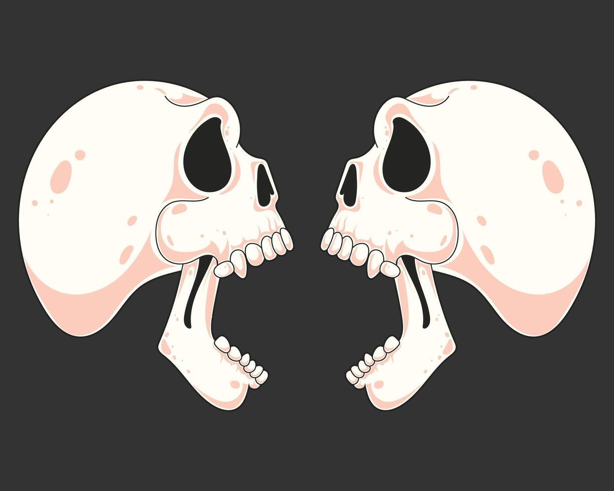 Halloween illustration of two cartoon skulls facing and screaming in flat or lowbrow style. Great for spooky backgrounds, posters, horror content, and creepy transparent graphic assets. vector