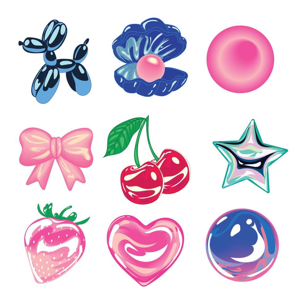 Stunning 3D holographic and glossy object illustrations including stars, hearts, fruits, toys, and flowers in vibrant pastel tones. Perfect for digital design and modern graphics. vector