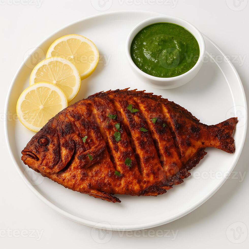 Whole Grilled Fish Served with Lemon Wedges and Herb Sauce photo