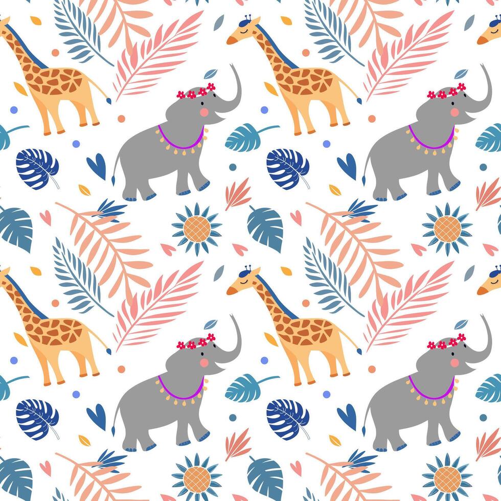 Seamless elephant and giraffe pattern. vector