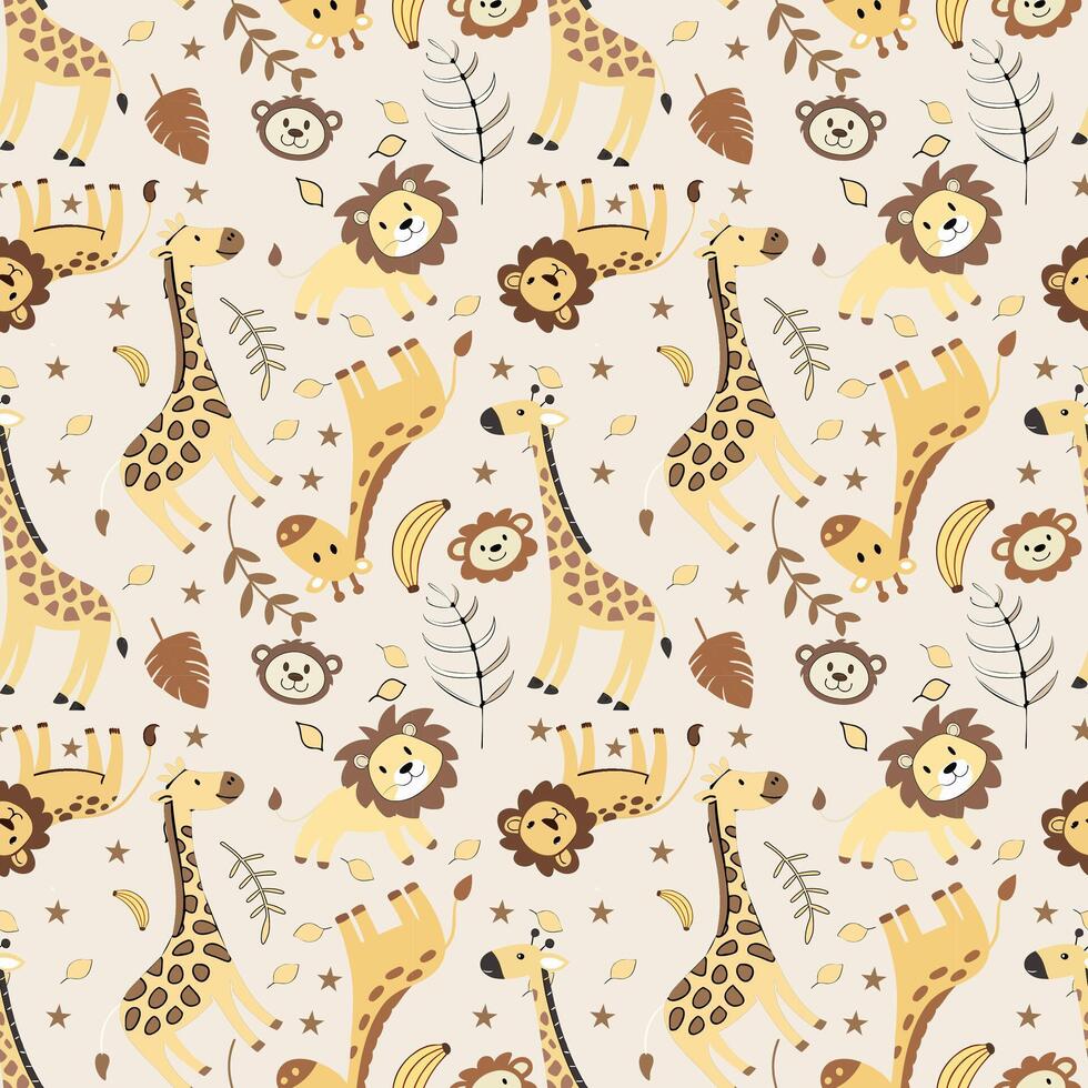 Seamless patterns of wild animals, giraffe, lion and monkey. vector