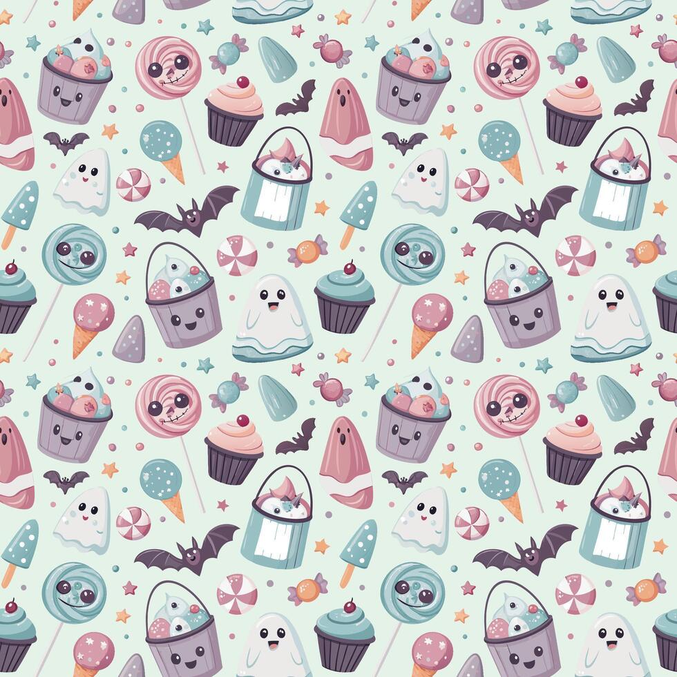seamless cute Halloween Treats and Snacks Decorations. vector