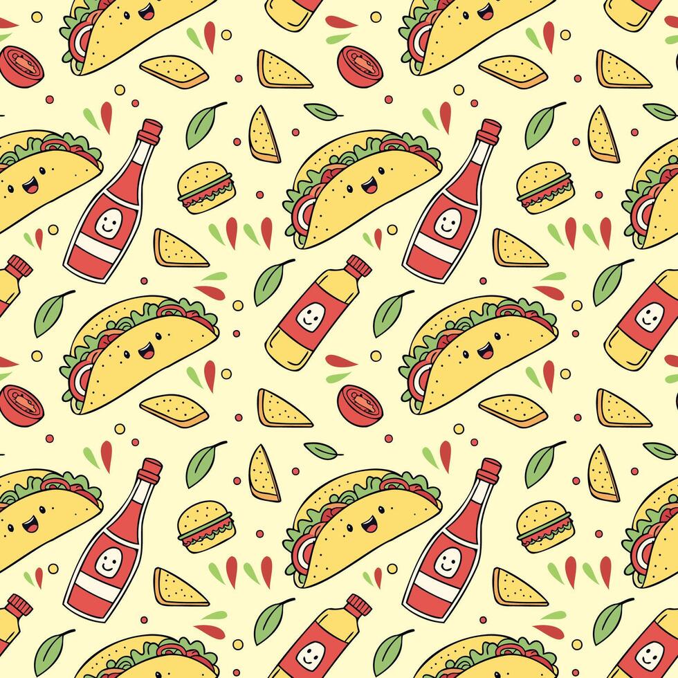 Seamless tacos, nachos, burritos, and hot sauce bottles for Cinco de Mayo pattern vector