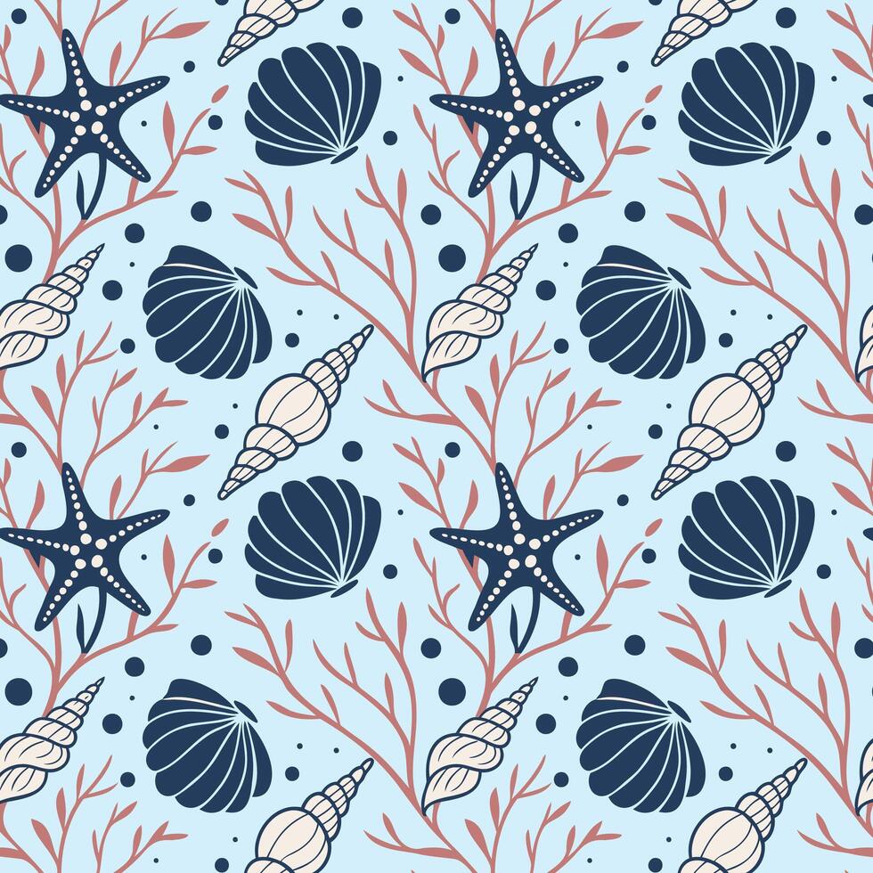 Seamless seashells and ocean pattern vector
