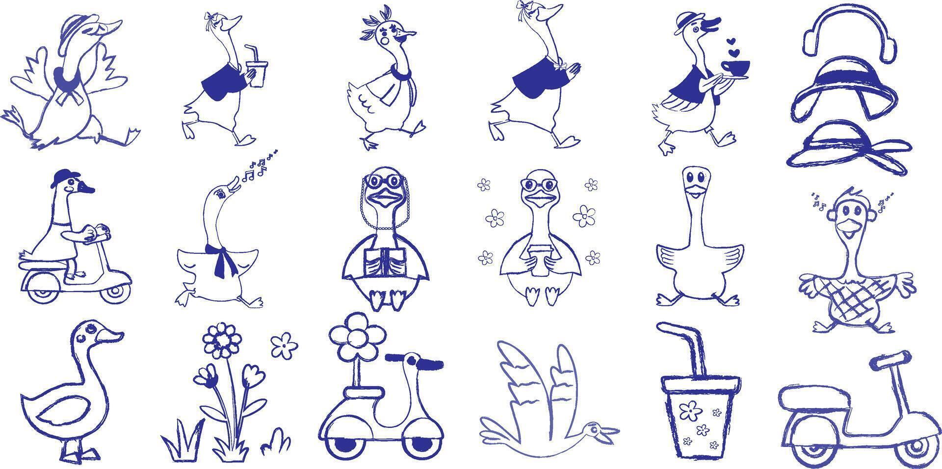 Cute Goose Clip Art Elements Doodle Style vector