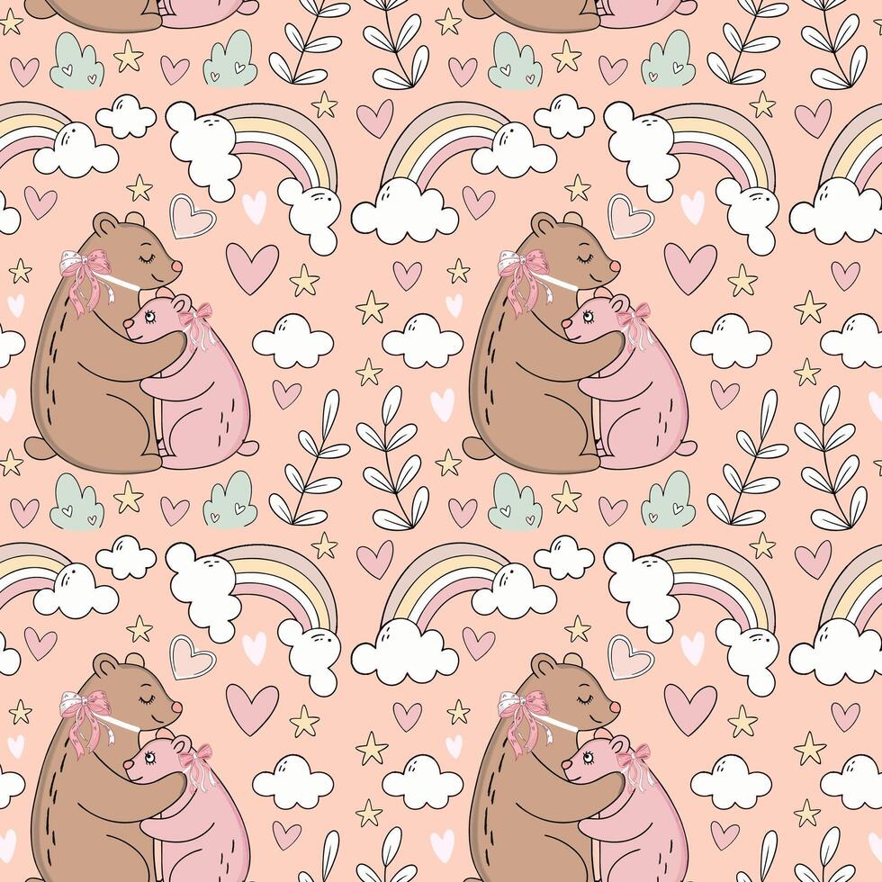 Seamless pattern of mother bear and baby bear vector