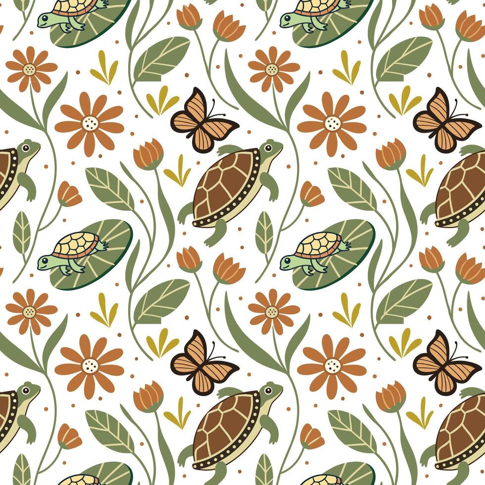 Seamless boho turtles and Butterfly pattern. vector