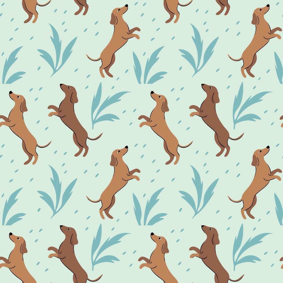 Seamless dog on the grass pattern. vector