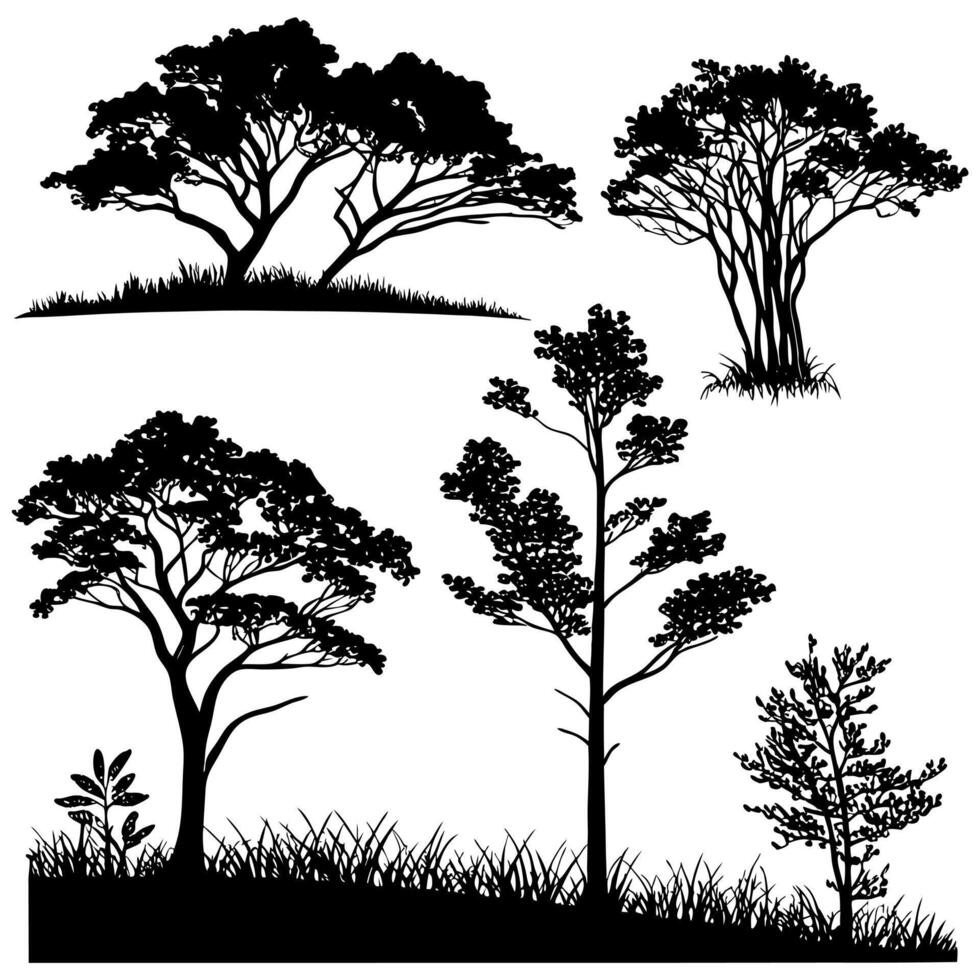 Various tree, bush, and plant silhouettes in black on white background, perfect for nature and forest themes vector