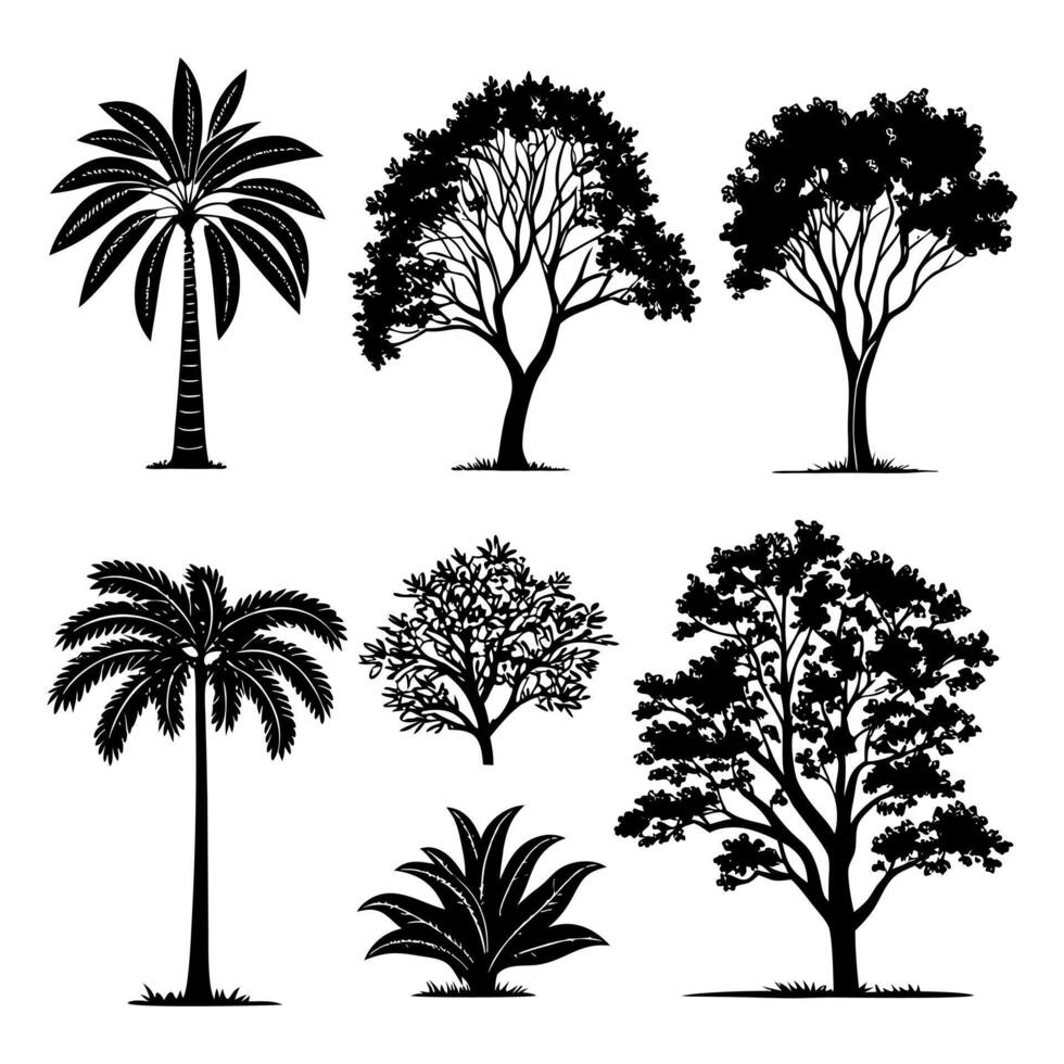 Set of nature silhouettes featuring various trees, plants, and foliage with natural shapes in flat black illustration style vector