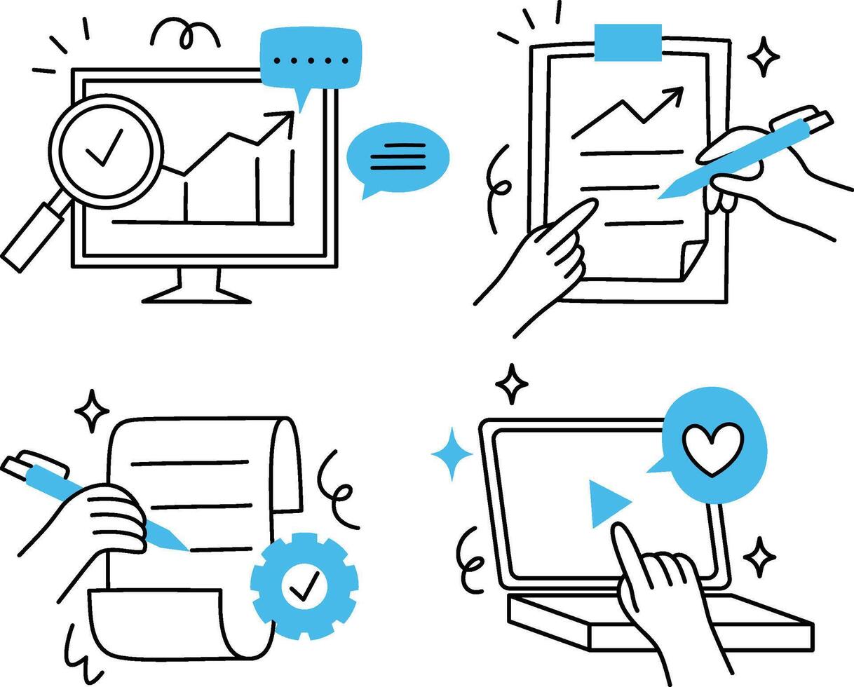 Simple line icons showcasing office reporting, writing, task scheduling, and collaborative brainstorming activities. vector