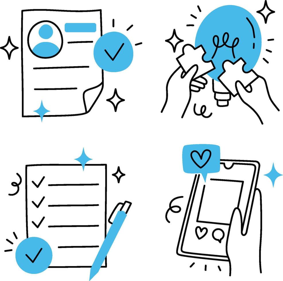 Simple line icons of various office division activities, including teamwork, creative idea, checklist, and social media management. vector
