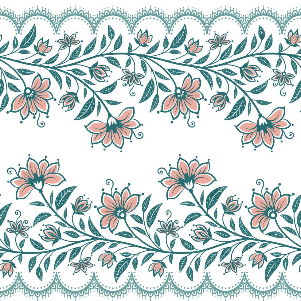 Abstract tropical hand drawn flower motif branches leaves wallpaper seamless background border. vector