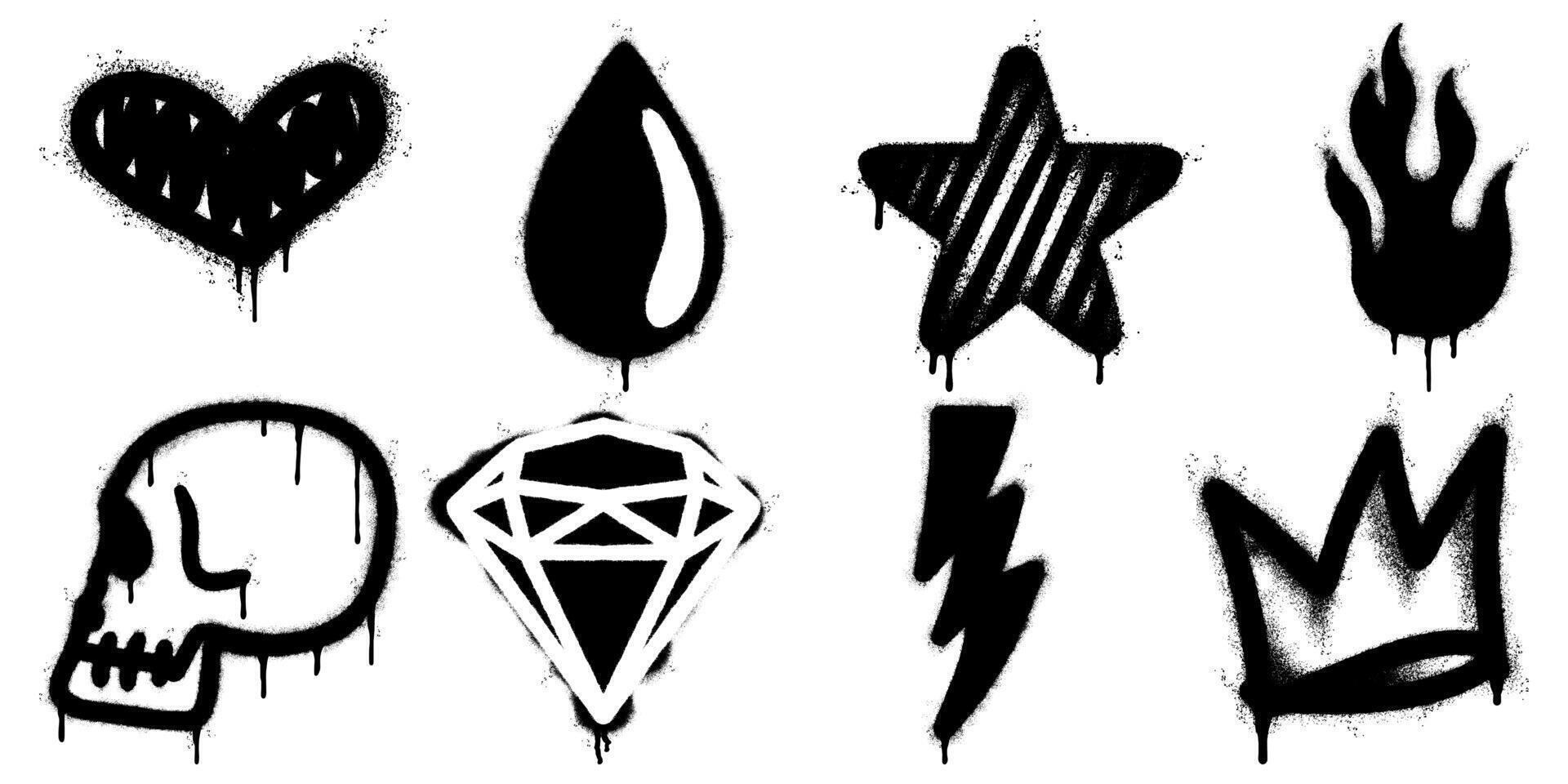 set of black spray paint graffiti icon. lightning bolt, heart, crown, diamond, skull, star, drop, and flame. vector