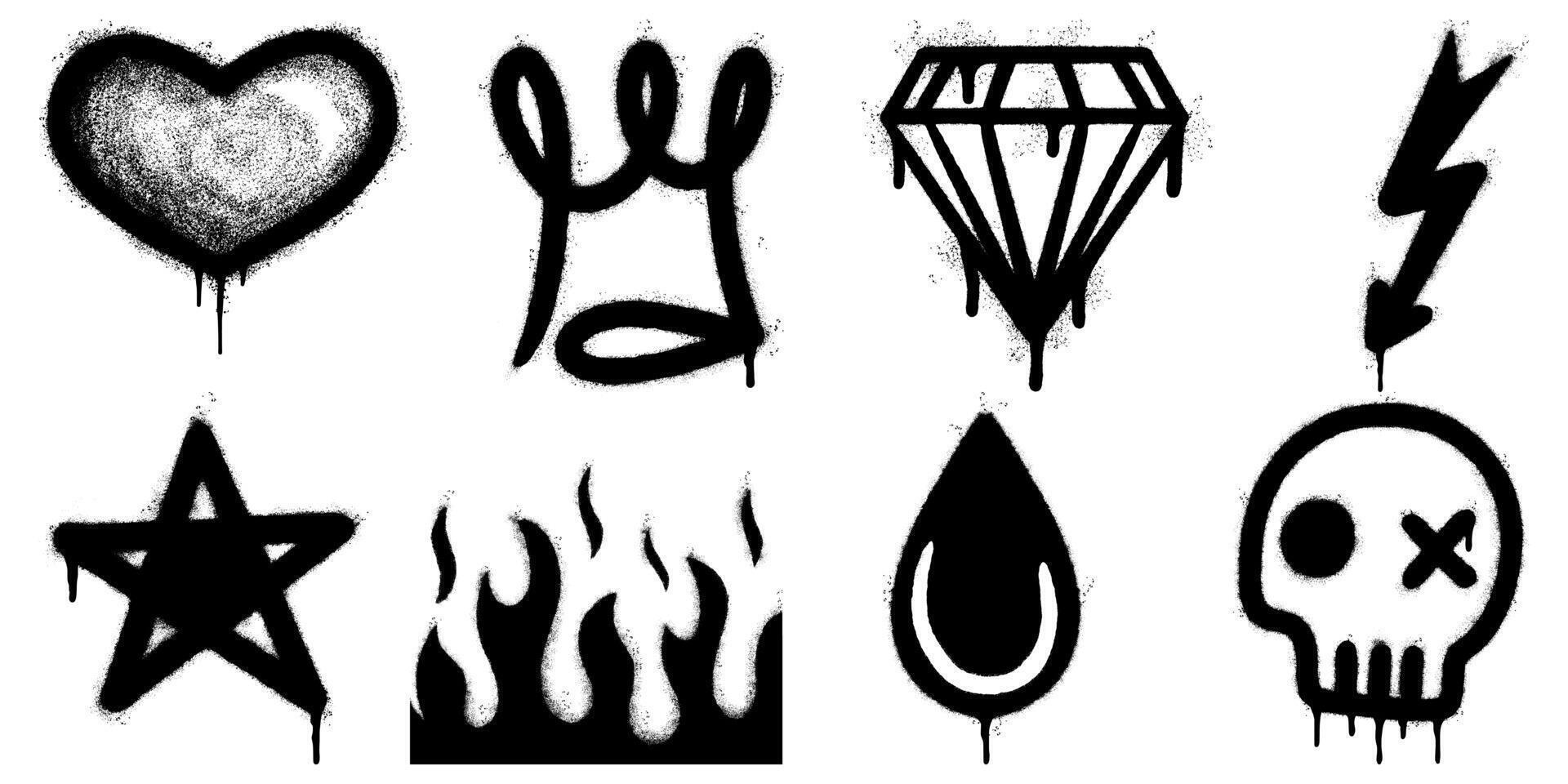 graffiti style icon set with black spray stencil elements icons including lightning bolt, heart, crown, diamond, skull, star, drop, and flame vector