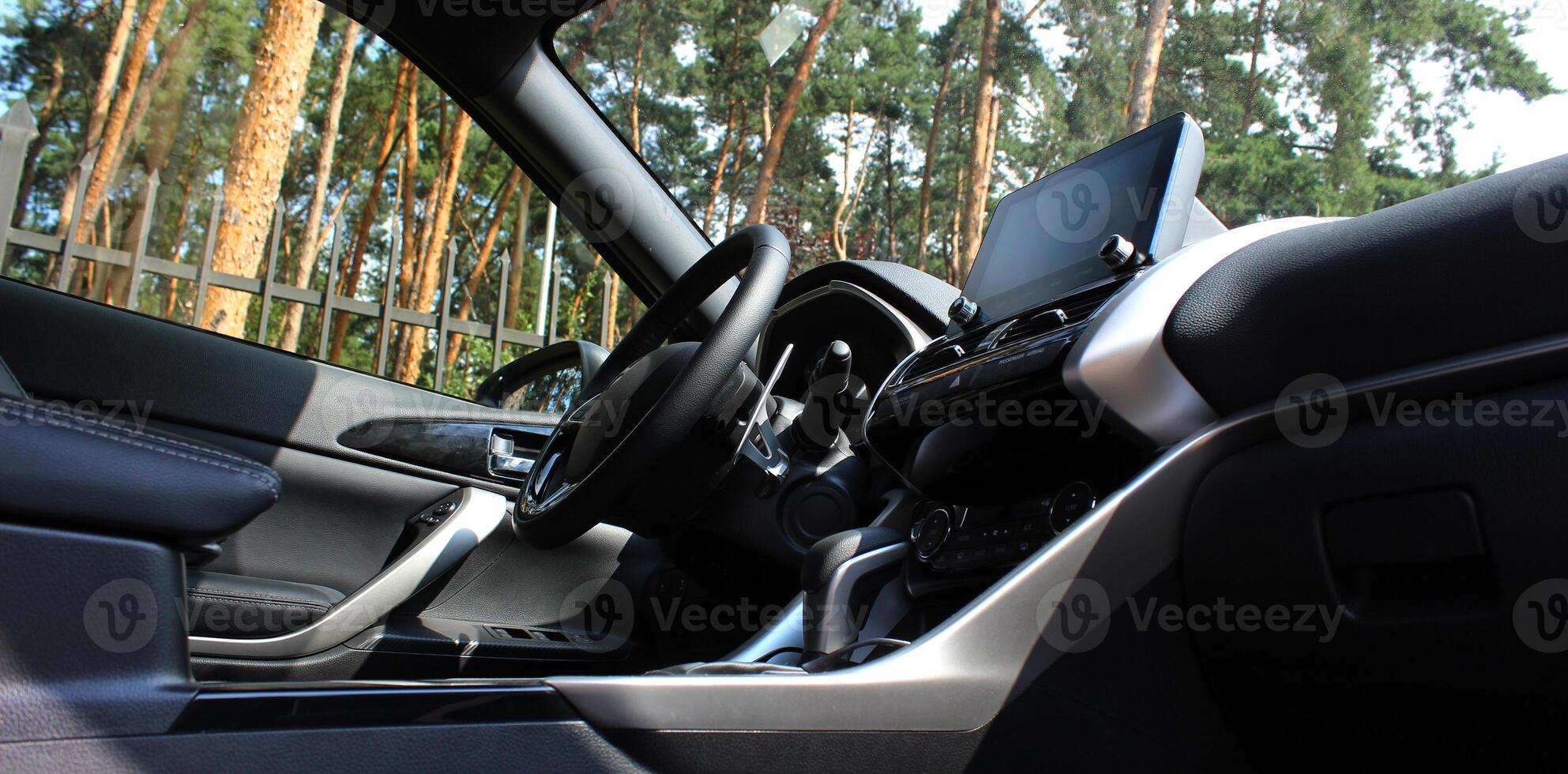 Panoramic photo of the interior of the car with a view of the green hedge of the park in the windows
