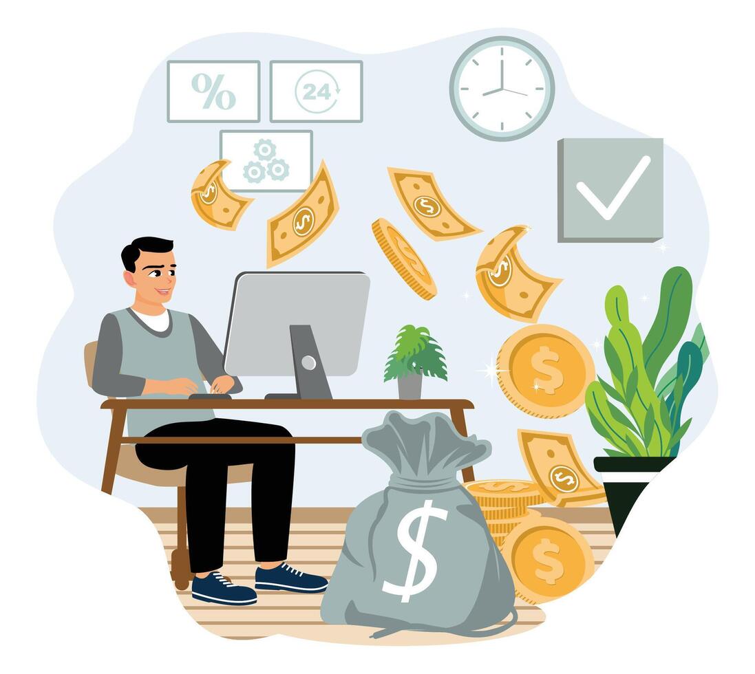 A man works on a computer in home office. vector