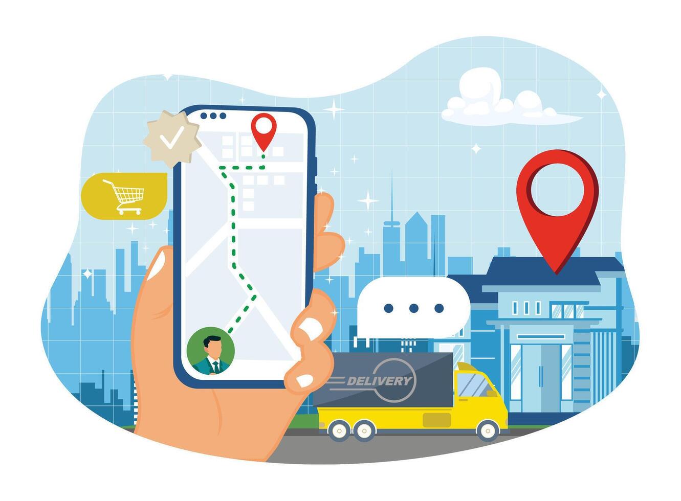 Couriers use mobile phones to track the delivery address of online orders. vector