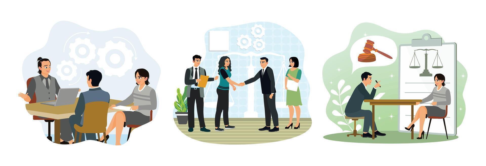 Businessmen consult with an attorney, negotiations of business partners, employee rights. vector