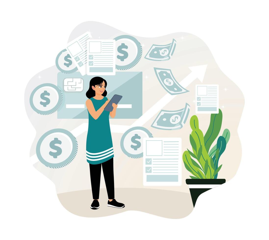 A woman makes money online using a smartphone. vector