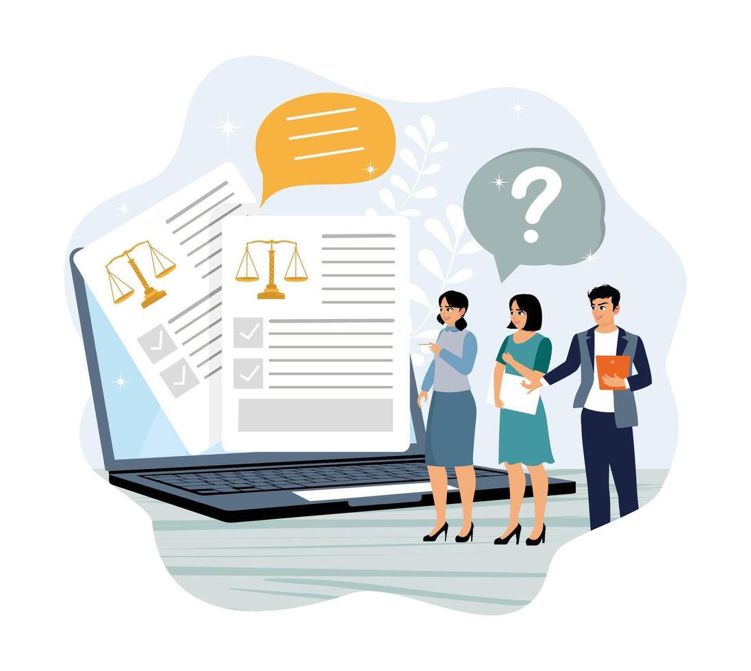 Team discussing legal documents with scales of justice symbol. vector