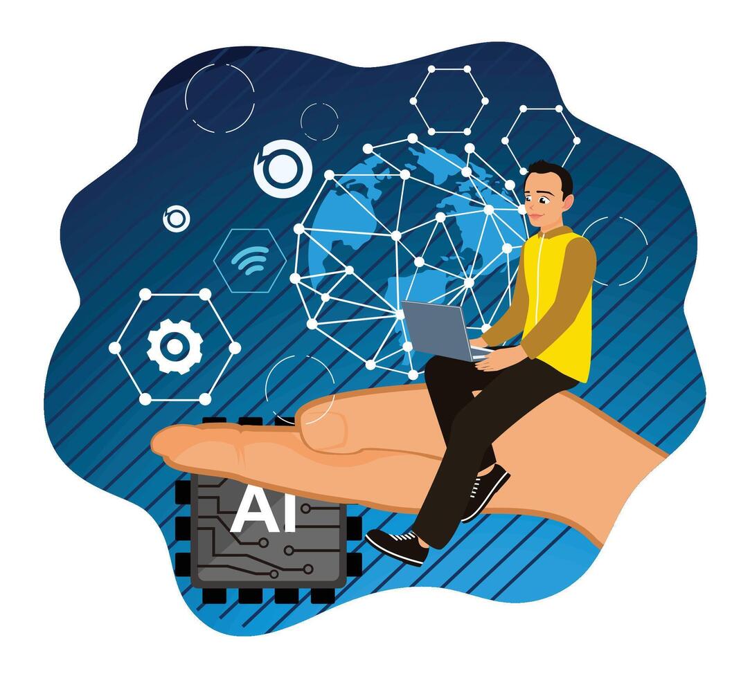 A man studies artificial intelligence using a computer. vector