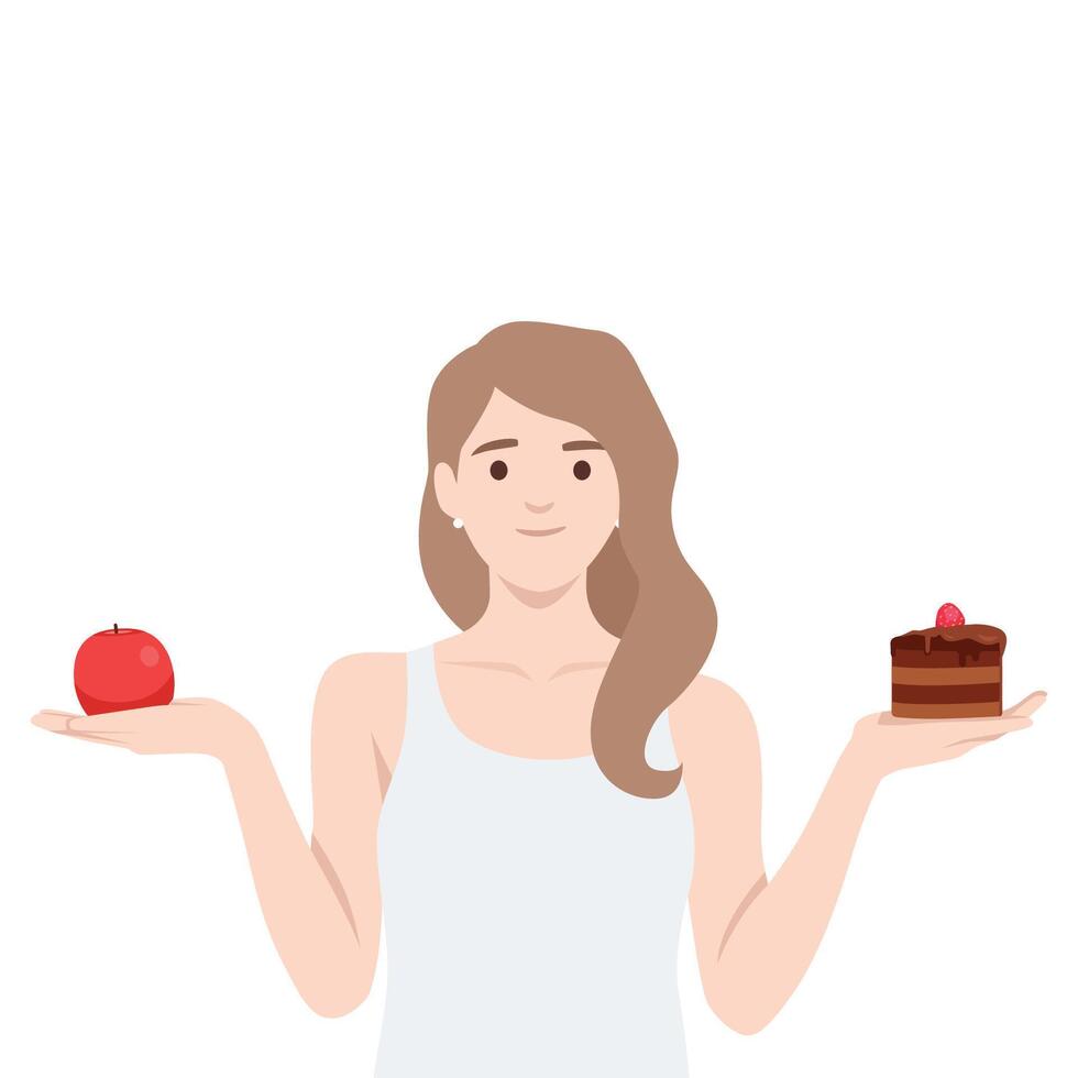 Woman holds an apple in one hand and a piece of chocolate cake in the other. vector