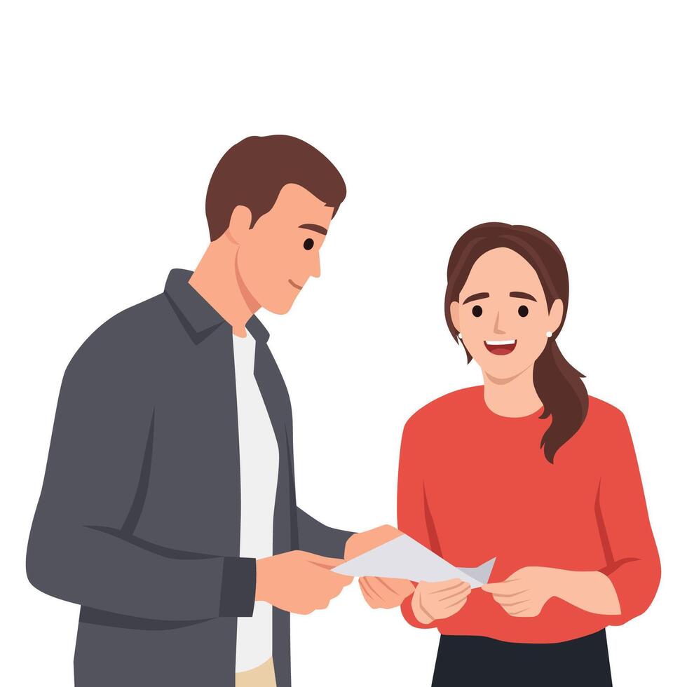 Couple is standing together, holding and looking at a piece of paper, appearing engaged and content. vector