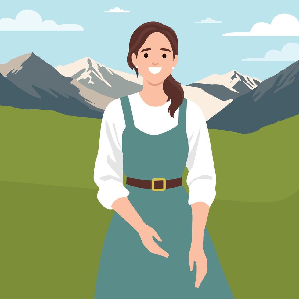 Woman in traditional village attire with scenic backdrop of green fields and snow capped mountains. vector