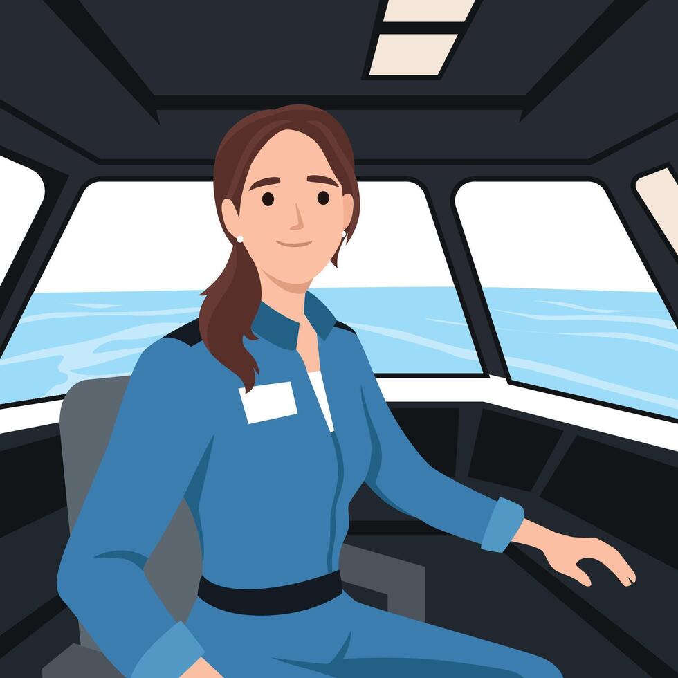 Confident woman in a blue uniform sits in a ship cabin, steering across calm waters. vector