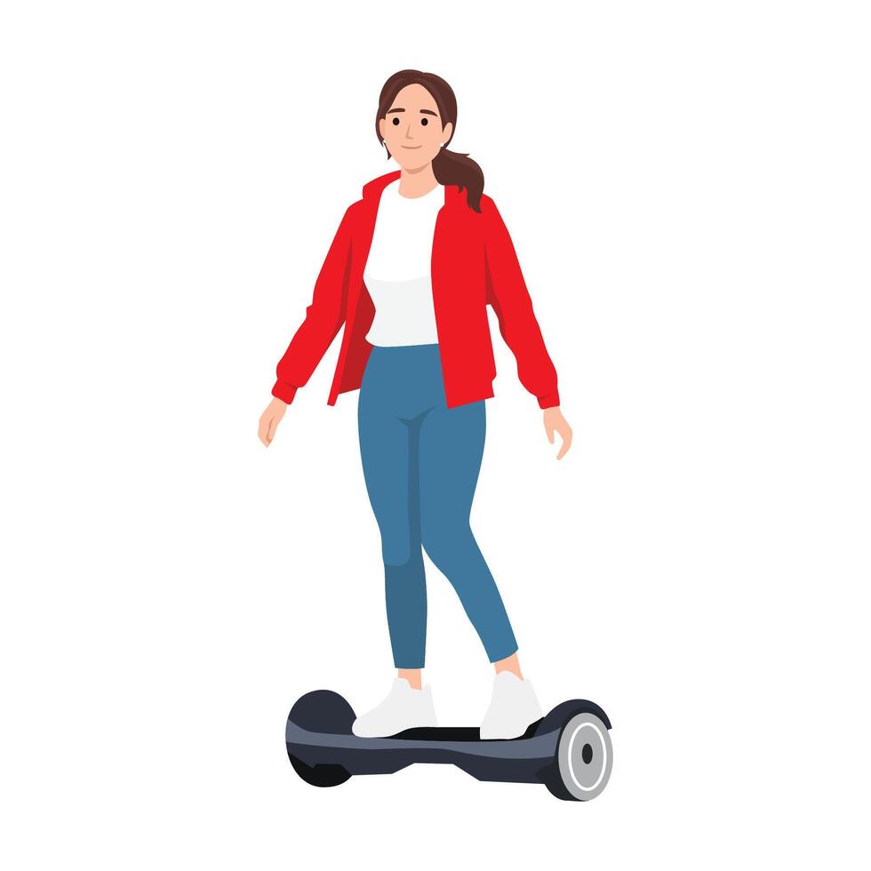 Casually dressed young woman in a red jacket balances effortlessly on a hoverboard. vector