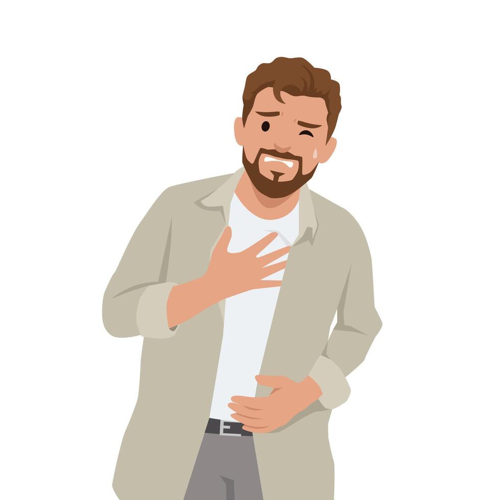 Man clutches his chest and stomach with a strained expression, symbolizing physical pain. vector