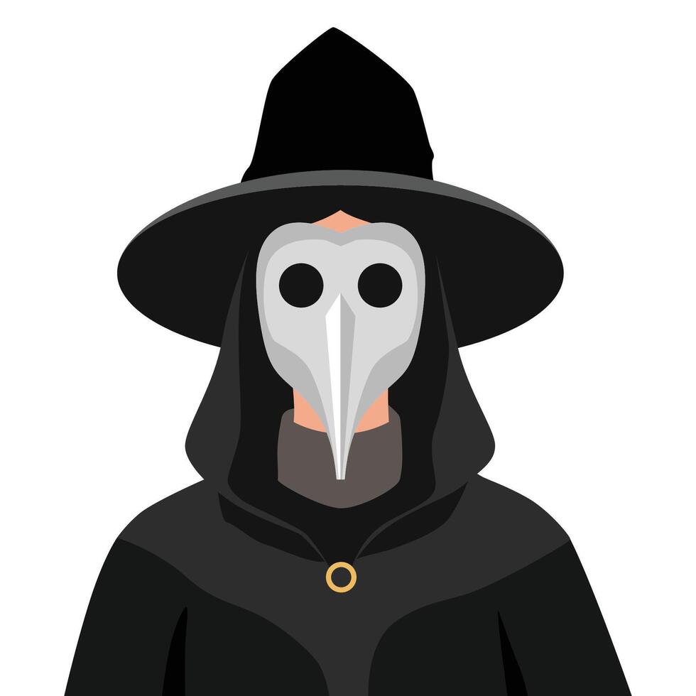 Mysterious figure in a dark cloak and iconic beaked mask, representing a medieval plague doctor. vector