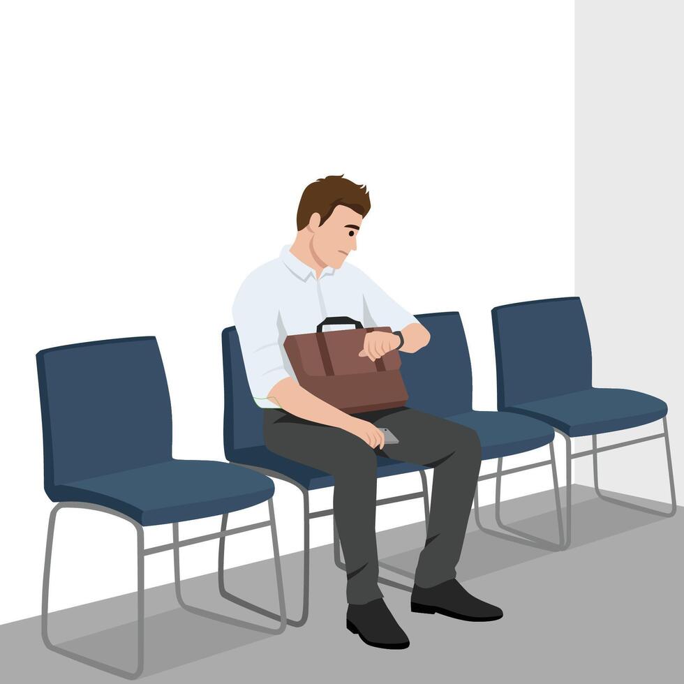 Man in formal attire sits in a waiting area, checking the time on his watch while holding briefcase. vector