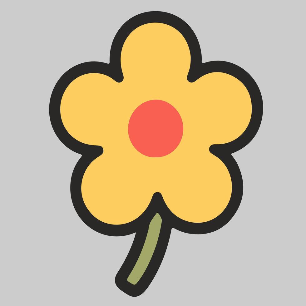 Red flower icon with rounded petals, yellow stamen, green stem, cute flat cartoon style. vector